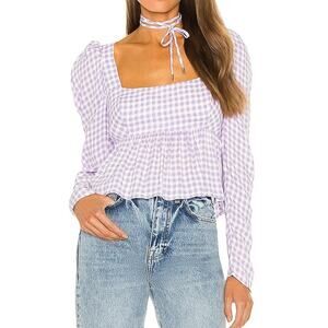 NEW AFRM Womens Hough Lilac Gingham Check Peplum Top XS Cottagecore